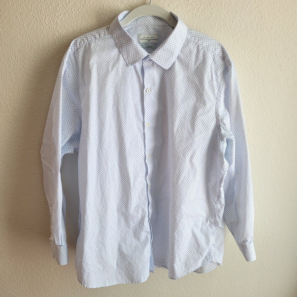 Carven Shirt Mens XL Modern Fit  Button Up White Blue Check 100% Cotton LS